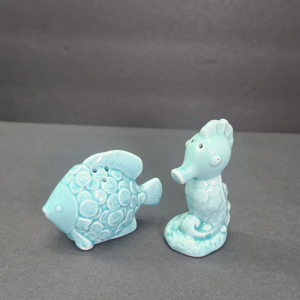Ceramic Salt and Pepper Shakers Fish and Seahorse Figurines.